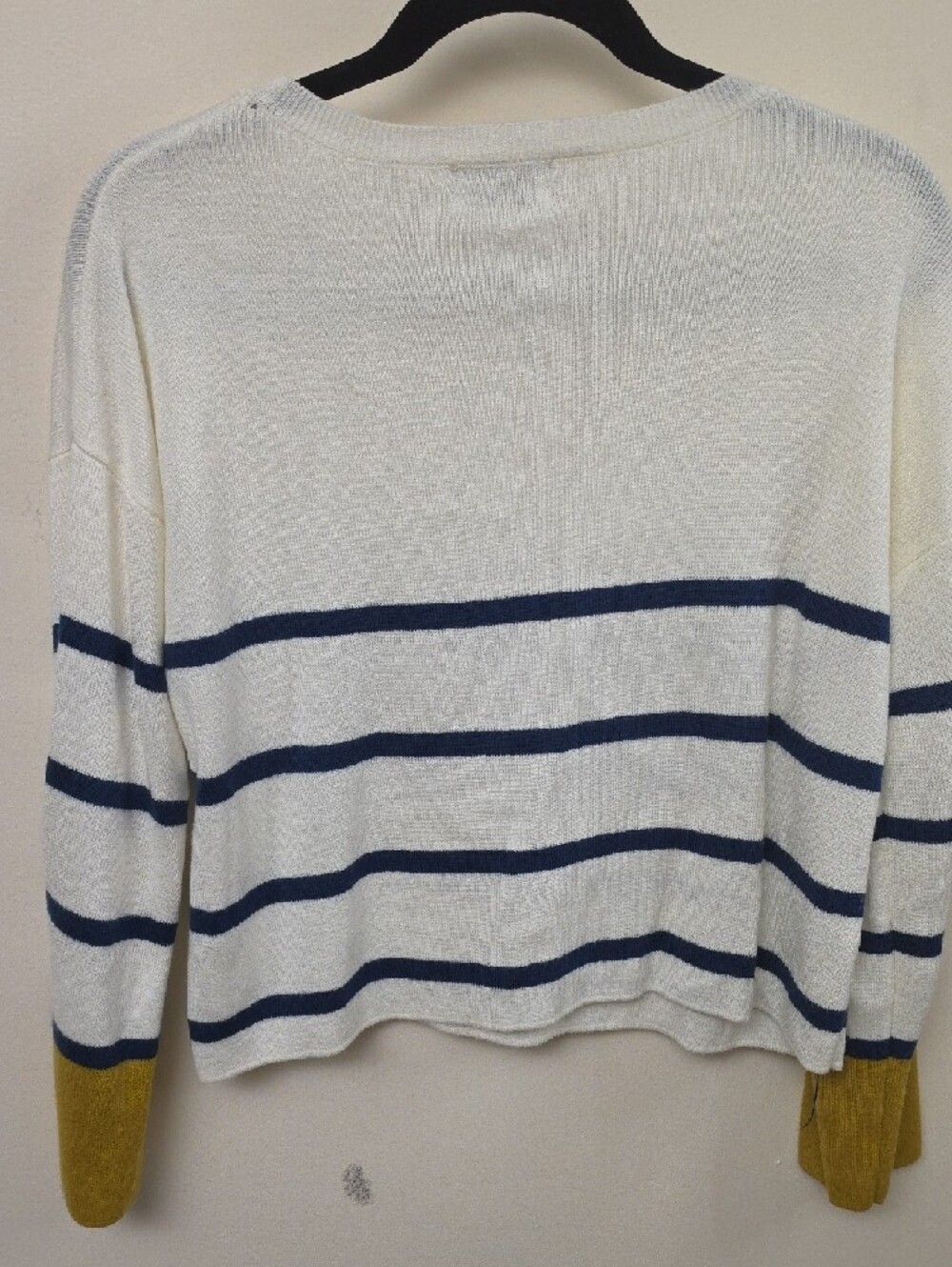 Poof Apparel Cream Crewneck Sweater with Navy Stripes and Mustard Cuffs SZ S - Picture 7 of 7